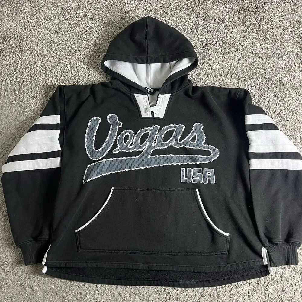 Black and White Vegas Hooded Sweatshirt Lace up DC Classic XL Pocket